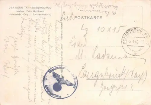 Der neue Tannenbergkrug Hohenstein/Ostpr. (Olsztynek) Feldpostkarte AK 1940