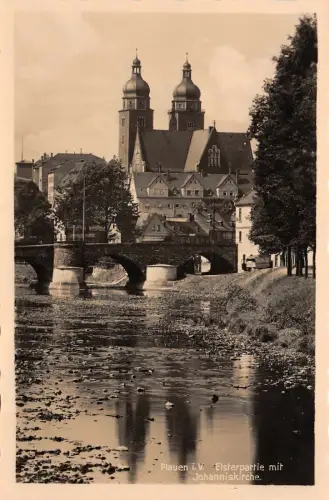 Plauen i. V. Elsterpartie mit Johanniskirche Postkarte AK