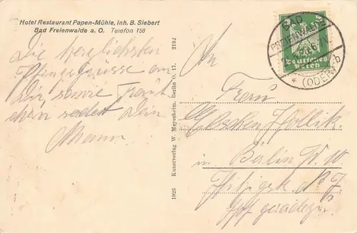 Bad Freienwalde Oder Restaurant Papen - Mühle Postkarte 1926
