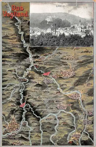 Das Vogtland Karte Greiz Ansicht Postkarte 1917