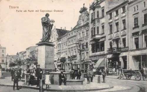 Thorn (Toruń) Partie am Markt mit Copernikus-Denkmal Postkarte AK