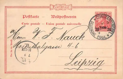 Deutsche Post in der Türkei Postkarte GA gel. CONSTANTINOPEL nach Leipzig 1905