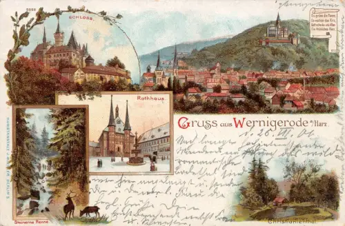 Gruss aus Wernigerode a./Harz Rathhaus Schloss Steinerne Renne Postkarte AK 1900