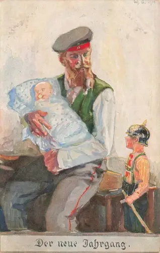 Der neue Jahrgang Soldat mit Kindern Pickelhaube Postkarte AK