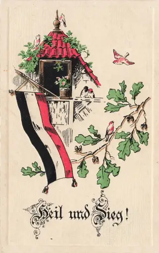 AK 1.WK Heil und Sieg Reichsfahne Vögel 1915 gelaufen Patriotika Geprägt