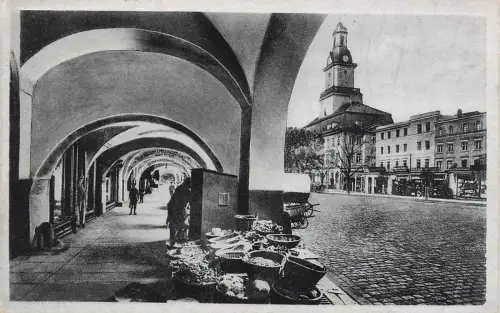 Kornlaube mit Rathaus Hirschberg Riesengebirge Schlesien Postkarte AK