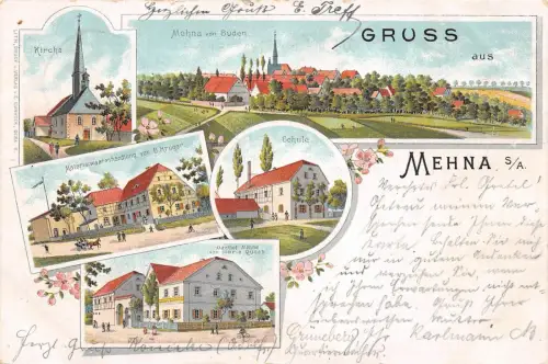 Gruss aus Mehna S/A. Kirche Materialwaarenhandlung B. Krüger Litho AK 1901