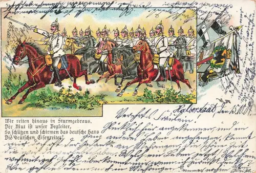 AK 1.WK Die deutschen Eisenreiter Kavallerie 1904 gelaufen Patriotika Postkarte