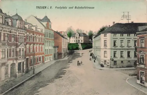 AK Treuen Postplatz Bahnhofsstraße Vogtland Sachsen 1910 gelaufen Postkarte