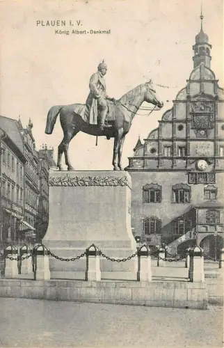 König Albert-Denkmal mit Rathaus in Plauen Vogtland Sachsen Postkarte AK 1907