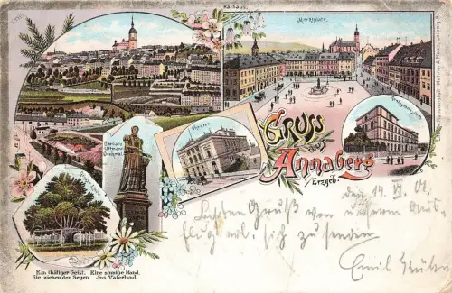 Gruss aus Annaberg Theater, Schule, Erzgebirge Sachsen Litho Postkarte AK 1901
