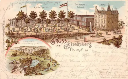 Gruss vom Streitsberg Restaurant und Hotel Plauen Vogtland Sachsen Litho AK 1899
