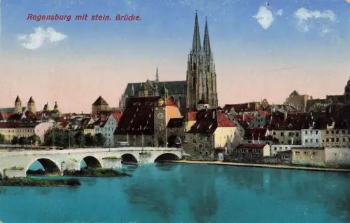 Ansicht Brücke und Regensburg mit stein Bayern Postkarte AK