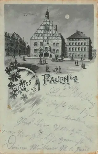Gruss aus Plauen mit Rathaus Sachsen Mondschein-Postkarte AK 1899