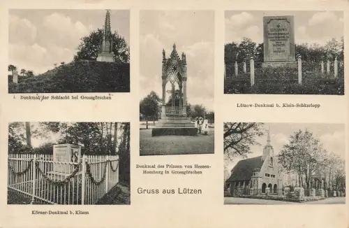 Gruss aus Lützen Lützow-, Körner Denkmal Sachsen-Anhalt Panorama-Postkarte AK