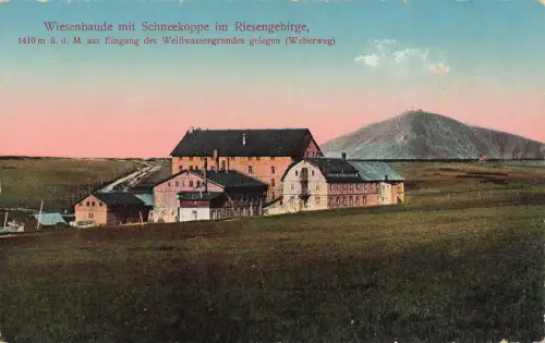 Wiesenbaude mit Schneekoppe im Riesengebirge Schlesien Postkarte AK