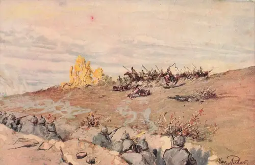 Angriff auf einen deutschen Schützengraben Postkarte AK