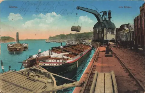 Am Elbkai in Riesa Sachsen Postkarte AK 1916