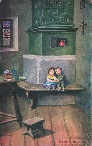 Das Glück im Winkel Kleiner Soldat mit Mädchen Postkarte AK 1918