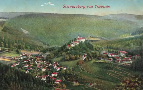 Blick auf Schwarzburg vom Trippstein gesehen Thüringen Postkarte AK