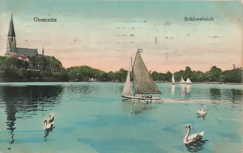 AK Chemnitz Schlossteich Schwäne Schiffchen Sachsen 1916 gelaufen Postkarte