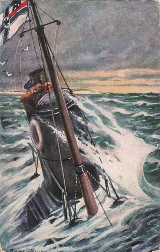 Deutsches Unterseeboot auf Patrouille an der englischen Küste Postkarte AK 1916