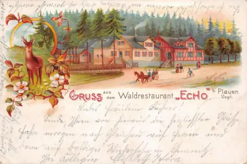 Gruss aus dem Waldrestaurant Echo bei Plauen Vogtland Sachsen Litho AK 1900