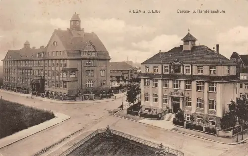 Carola und Handelsschule in Riesa an der Elbe Sachsen Postkarte AK 1915