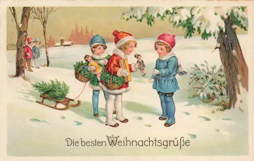 AK Weihnachten Kinder Schlitten Schnee Puppen 1933 gelaufen Postkarte