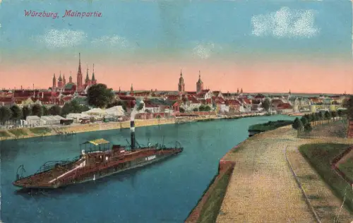 Mainpartie Blick auf Dampfer und Stadt Würzburg Bayern Postkarte AK