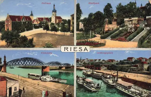 Landungsplatz, Elbbrücke und Rathaus in Riesa Sachsen Postkarte AK 1916