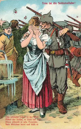 AK 1.WK Treu ist die Soldaten Liebe Soldat Frau 1914 gelaufen Patriotika