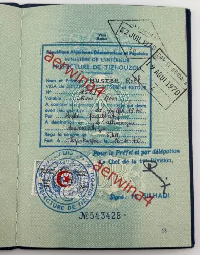DDR Reisepass Dienstvisa + Aufenthaltskarte, Ausbilder in Algerien Tadmaït 1969