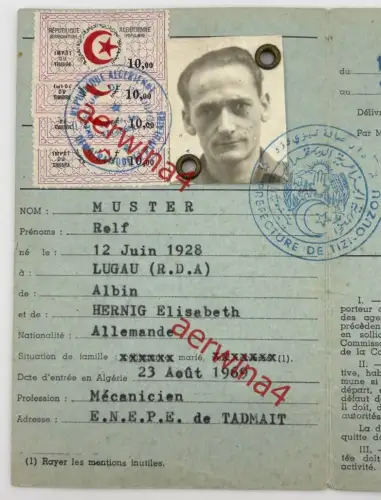 DDR Reisepass Dienstvisa + Aufenthaltskarte, Ausbilder in Algerien Tadmaït 1969