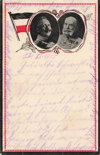 Wilhelm II und Franz Joseph Portrait Reichsfahne Patriotika Postkarte AK 1915