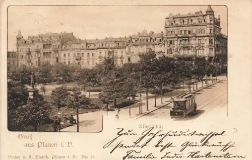 AK Plauen Ulbertplatz Straßenbahn Sachsen Vogtland 1900 gelaufen Postkarte