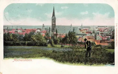 AK Aschersleben Stadtansicht Kirche Bauer Sachsen-Anhalt 1914 gelaufen Postkarte
