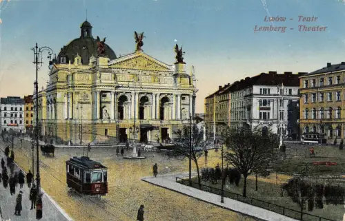Lemberg Theater (Lwów - Teatr) Straßenbahn Feldpostkarte 1917