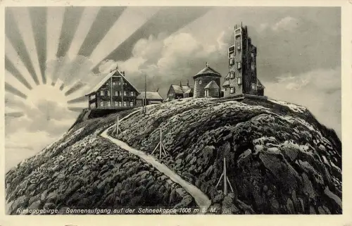 AK Riesengebirge Schneekoppe Sonnenaufgang Schlesien 1937 gelaufen Postkarte
