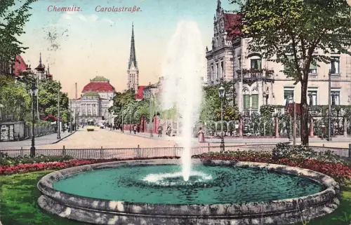 AK Chemnitz Carolastraße Kirche Straßenbahn Sachsen 1916 gelaufen Postkarte