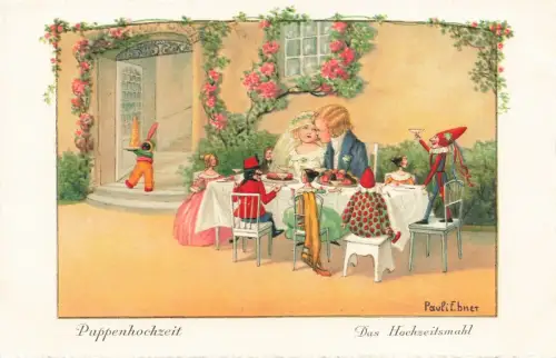 Puppenhochzeit Das Hochzeitsmahl Paul Ebner ungelaufen Künstler Postkarte