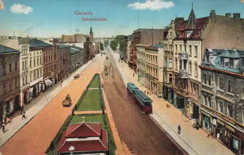 Bahnhofstraße mit Straßenbahn in Gleiwitz Gliwice Schlesien Postkarte AK 1914