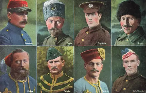 AK 1.WK Unsere Feinde Portraits Soldaten 1916 gelaufen Patriotika Postkarte