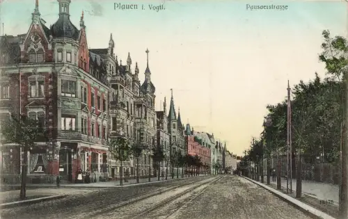 Straßenansicht Pausaerstrasse in Plauen Vogtland Sachsen Postkarte AK 1908