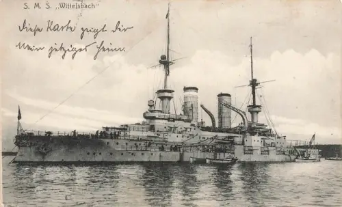 AK S.M.S. Wittelsbach Linienschiffen Kaiserliche Marine 1908 gelaufen Postkarte