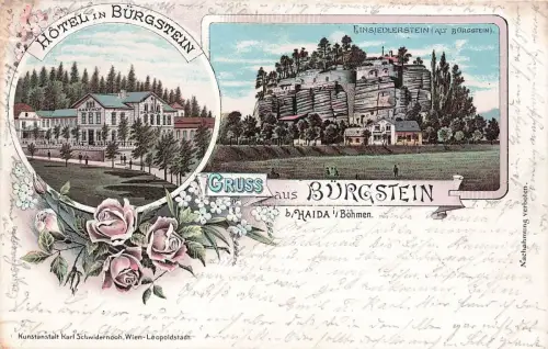 AK Bürgstein bei Haida Hotel Einsiedlerstein Böhmen 1898 Postkarte Litho