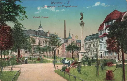 AK Werdau Johannisplatz Kriegerdenkmal Postamt Sachsen 1917 ungelaufen Postkarte