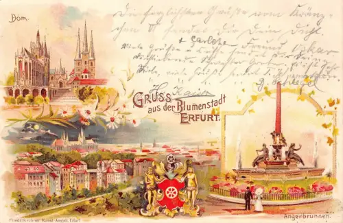 Gruss aus der Blumenstadt Erfurt Dom Angerbrunnen Postkarte AK 1898