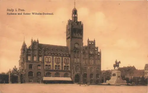AK Stolp Słupsk Rathaus Kaiser Wilhelm Denkmal Pommern 1918 gelaufen Postkarte