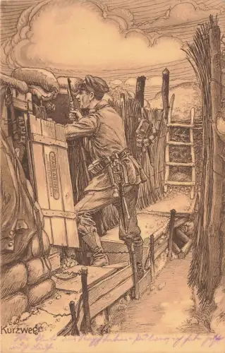 AK 1.WK Posten im Schützengraben Soldaten Kurzweg 1915 gelaufen Patriotika